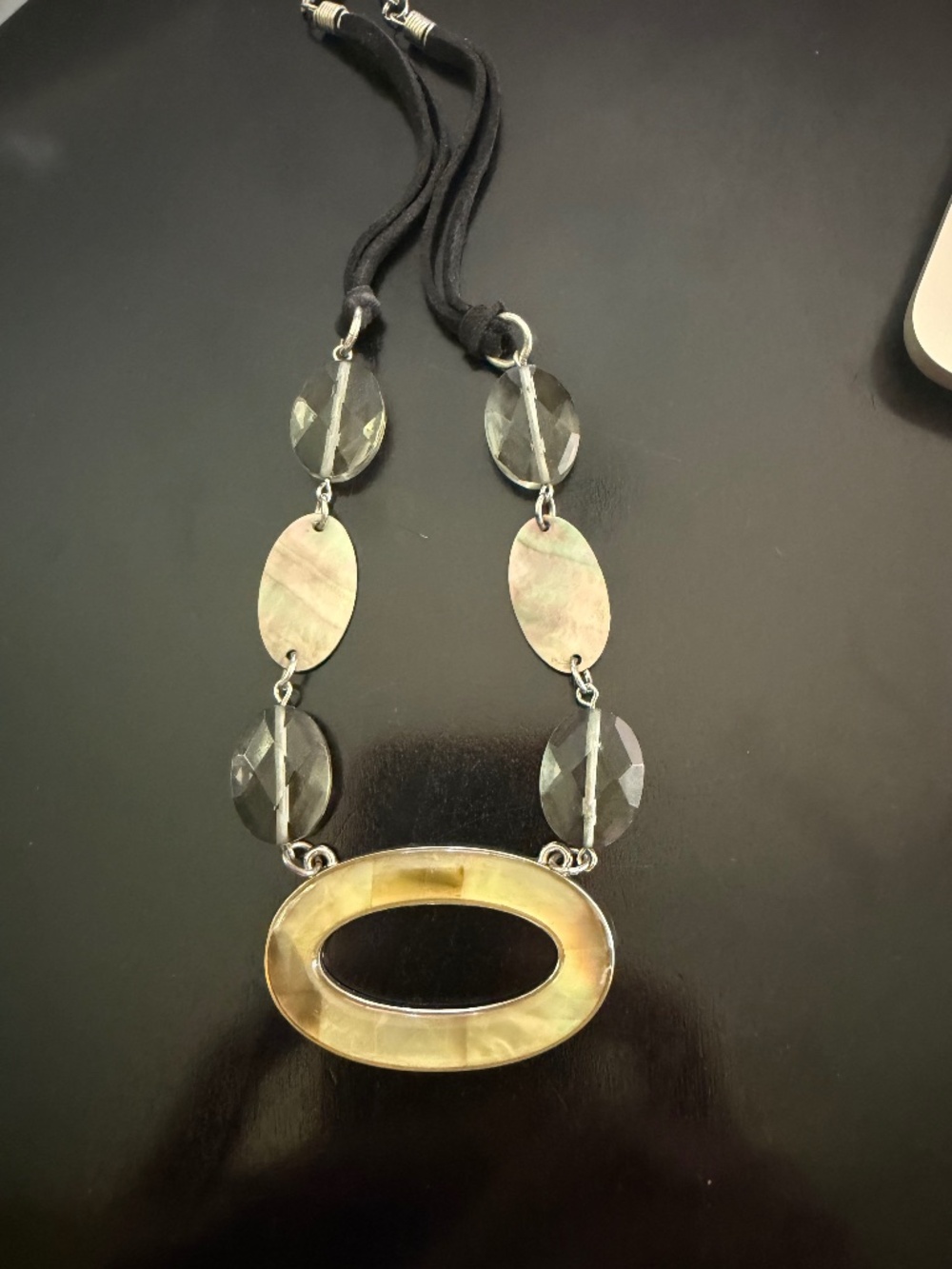 Vintage Lia Sophia Abalone Oval Pendant Necklace Smoky Quartz Beads Suede